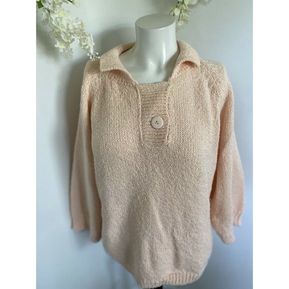 Vintage‎ 90s Shenanigans Hand Knit Peach Sweater Womens Large 3/4 Sleeves Button - Picture 10 of 12
